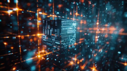 Poster - digital data cube with glowing circuitry symbolizes advanced futuristic network technology and conce
