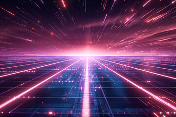 Poster - Neon-colored lines grid runway disappeared in the distance technology background
