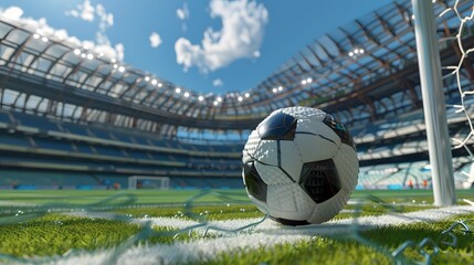 Wall Mural - Soccer Ball in a Stadium. soccer ball on green grass in the center of a stadium