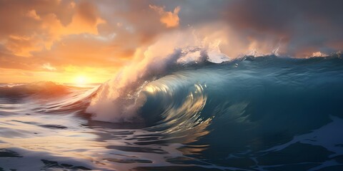 Wall Mural - Digital artwork depicting powerful ocean waves crashing against the shore at sunset amidst a storm. Concept Nature, Ocean, Storm, Waves, Sunset