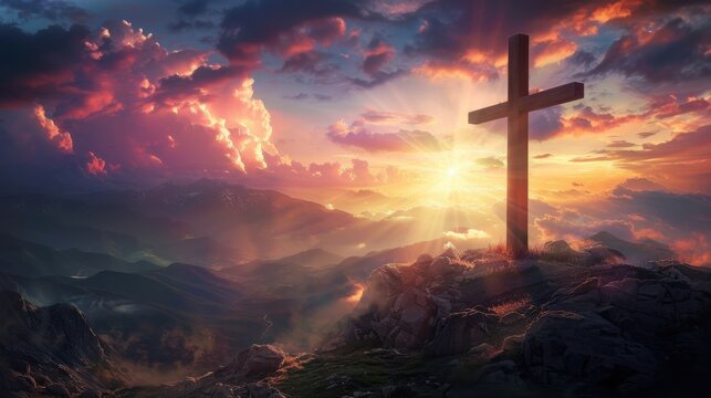 Jesus Christ Cross. Easter Resurrection Concept with Dramatic Background, Colorful Mountain Sunset, and Sunbeams