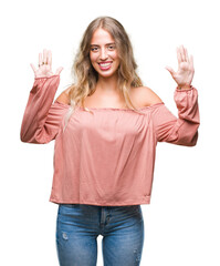 Sticker - Beautiful young blonde woman over isolated background showing and pointing up with fingers number ten while smiling confident and happy.