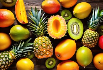 colorful tropical fruits arranged rustic wooden fresh exotic pineapple mango kiwi papaya summer concept, vibrant, juicy, ripe, organic, healthy, delicious, natural