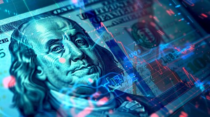Poster - Depiction of a Hundred Dollar Bill with Digital Elements. AI. Abstract financial theme in this AI-generated image. Ideal for finance and technology articles. AI