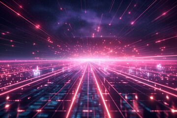 Poster - Neon-colored lines grid runway disappeared in the distance technology background