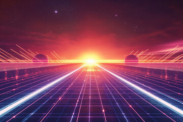 Poster - Neon-colored lines grid runway disappeared in the distance technology background