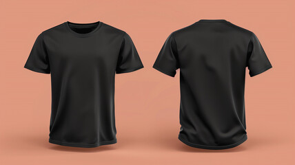 Mockup Front and back view of a plain black t-shirt on a peach background, showcasing simple and minimalistic clothing design