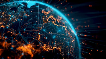 Aufkleber - Futuristic digital globe showcasing global connectivity and technology networks. Bright lines and glowing points highlight connected communication. Stylish and modern visualization. AI