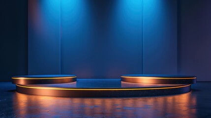 Wall Mural - well-lit stage with blue and orange lighting, featuring circular platforms and a sleek, minimalist design, suitable for presentations or performances.