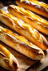 Wall Mural - golden crispy baguette freshly baked fluffy interior, bread, delicious, snack, french, long, artisan, crusty, handmade, traditional, oven, aroma, tasty, meal, cuisine