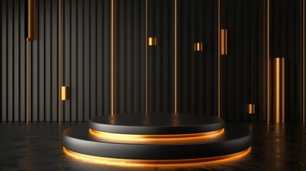 Wall Mural - A sleek black podium with golden lighting under abstract hanging lights, creating a dramatic and elegant atmosphere, perfect for presentations or displays.