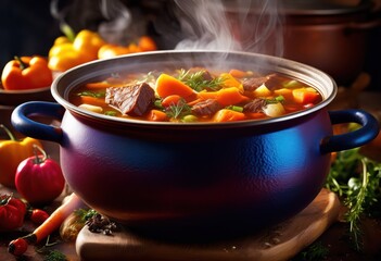Wall Mural - detailed view boiling stew cooking culinary background bubbling soup, pot, hot, simmering, delicious, meal, preparation, kitchen, steam, homemade, savory