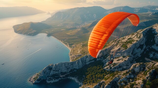 Friends experiencing the thrill of paragliding over scenic landscapes, close-up view, copy space