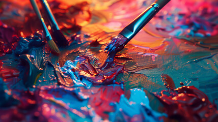 An artist's palette with vibrant paint splashes and brushes