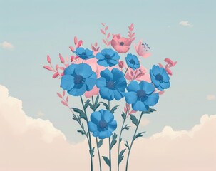 Wall Mural - Beautiful blue flowers in a vase with pink and white clouds in the background, nature's serene beauty