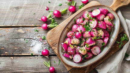 Wall Mural - Rustic Oval Platter with Roasted Pink Radishes in Brown Butter Sauce on Wood Table with Napkin and Sea Salt, Food Photography Stock Photo