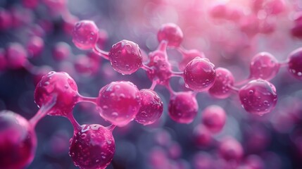 Fototapete - Close-up image of a pink molecular structure with spheres connected by thin lines, illuminated by a bright light source.