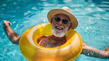 A happy older man enjoys his summer vacation in the pool.