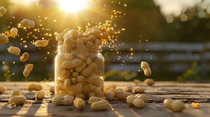 Warm sunlight illuminates a swirling dance of peanuts above a creamy jar on a rustic wooden table