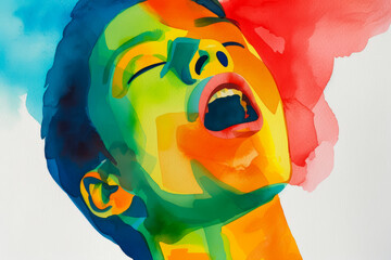 Poster - Colorful abstract painting of an Asian person with a vibrant expression capturing the heat and intensity of summer