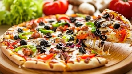 Wall Mural - A slice of pizza with a variety of toppings including olives, peppers. Generate AI image
