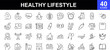 © mi-vector - Healthy lifestyle icon set. Contains such Icons as diet, exercise, sleep, running, routine, gym, nutrition, cardio exercises, sports supplements, yoga, self-care, culture and hobbies icons