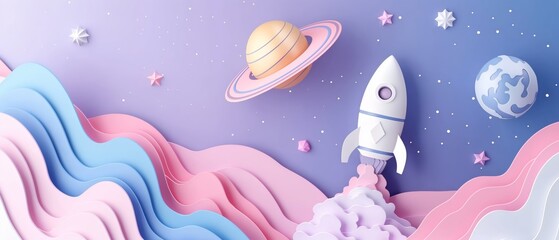 Wall Mural - papercraft art illustration, space shuttle launching to outer space, nursery theme background	
