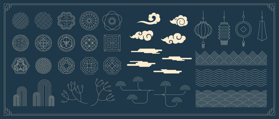 Chinese traditional banner decoration element set. Korean and Japanese decorative pattern and lantern. Asian moon flower and cloud. Oriental style folk ornament collection concept for holiday poster