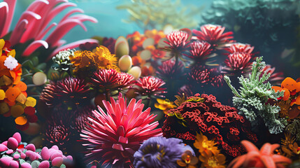 Wall Mural - Exotic sea flowers and plants background