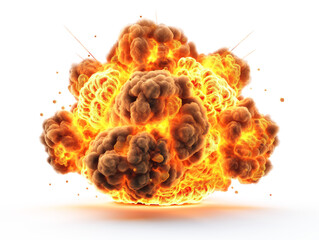 Poster - An explosive fireball with plumes of orange and yellow flames against a white background, symbolizing power or destruction. Generative AI
