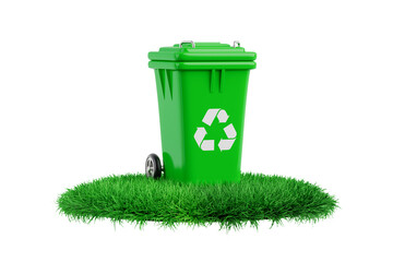 Poster - Recycle Sign Green Garbage Trash Bin on a Green Grass Podium Stage. 3d Rendering
