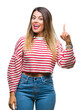 © Krakenimages.com - Young beautiful woman casual stripes winter sweater over isolated background pointing finger up with successful idea. Exited and happy. Number one.