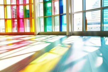 Poster - A room with a colorful window and a white floor. The room is bright and cheerful. The sunlight is shining through the window, creating a rainbow effect on the floor