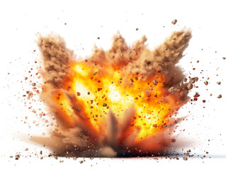 Poster - An explosive burst of flames and debris on a clean white background, portraying a concept of destruction. Generative AI