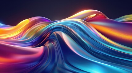 Poster - Futuristic 3D background with blue light waves and rainbow hues, blending to form a colorful and modern abstract design.