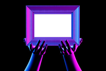 Poster - Hands in Neon Light Hold a Picture Frame with Empty Space for Your Design. 3d Rendering