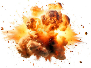 Poster - A vivid explosion with debris on a white background, illustrating a concept of destruction. Generative AI