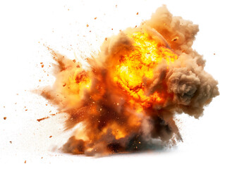 Poster - A dynamic explosion with orange and gray smoke on a white background, depicting energy or danger. Generative AI