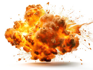 Poster - A fiery explosion with debris isolated on white background, depicting a powerful blast concept. Generative AI