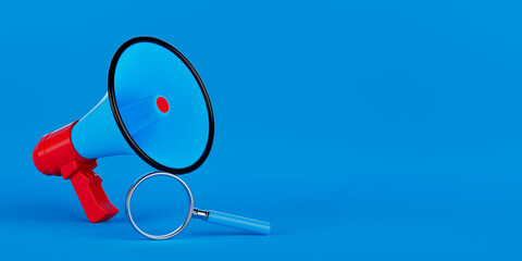 Fototapete - Retro Megaphone with Search Magnifying Glass Loupe Tool Instrument. 3d Rendering