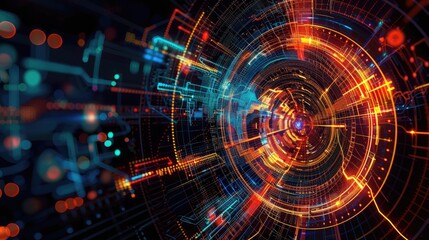 Poster - Elegant tech abstract background with intricate digital patterns and bright colors, highlighting technology's complexity.