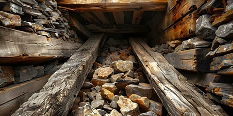 Vintage gold mine shaft cluttered with old wood timbers creative banner image. Concept Vintage, Gold Mine, Shaft, Old Wood Timbers, Creative Banner Image