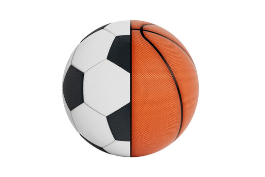 Half of Leather Soccer Ball with Half of Basketball Ball as One Ball Shape. 3d Rendering