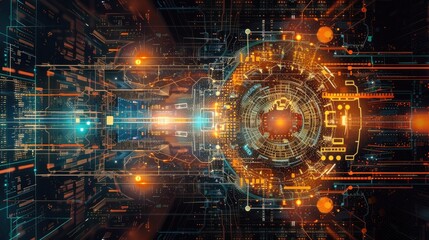 Poster - Elegant tech abstract background with intricate digital patterns and bright colors, highlighting technology's complexity.
