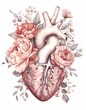© Alena Bekas - Watercolor anatomical heart with light pink and gold flowers on white background. Valentine's Day.