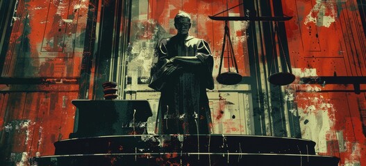 Wall Mural - The photo shows a judge in a courtroom. The judge is wearing a black robe and holding a gavel. The courtroom is empty except for the judge. The photo is taken from a low angle, making the judge look