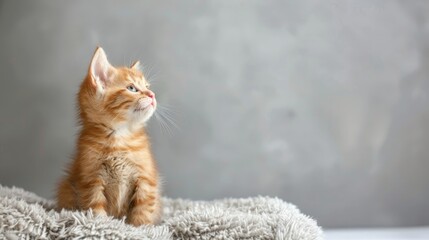 Wall Mural - Adorable small red kitten in a bed with gray background gazes upwards copy space