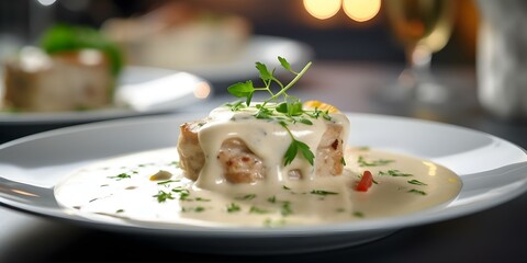 Wall Mural - Blanquette de Veau A Delicious French Gourmet Dish with Creamy Sauce. Concept French Cuisine, Gourmet Cooking, Creamy Sauce, Veal Recipe, Delicious Dish