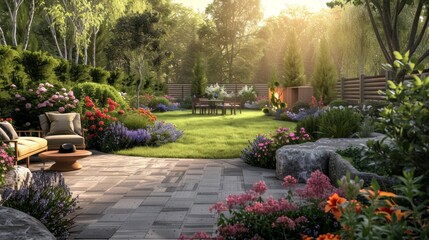 Poster - A beautiful garden with a patio area with a table and chairs