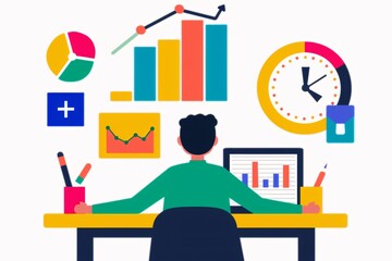 Poster - a person working on data analysis at a desk using a computer, with colorful charts, graphs, and a cl